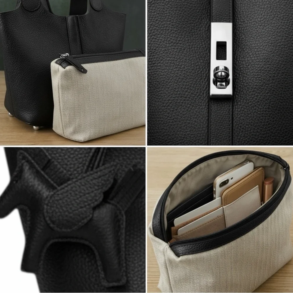 TU.Luxe Black Vegan Leather Bucket Tote w/ Pouch & Charm - Hermes-Similar Style